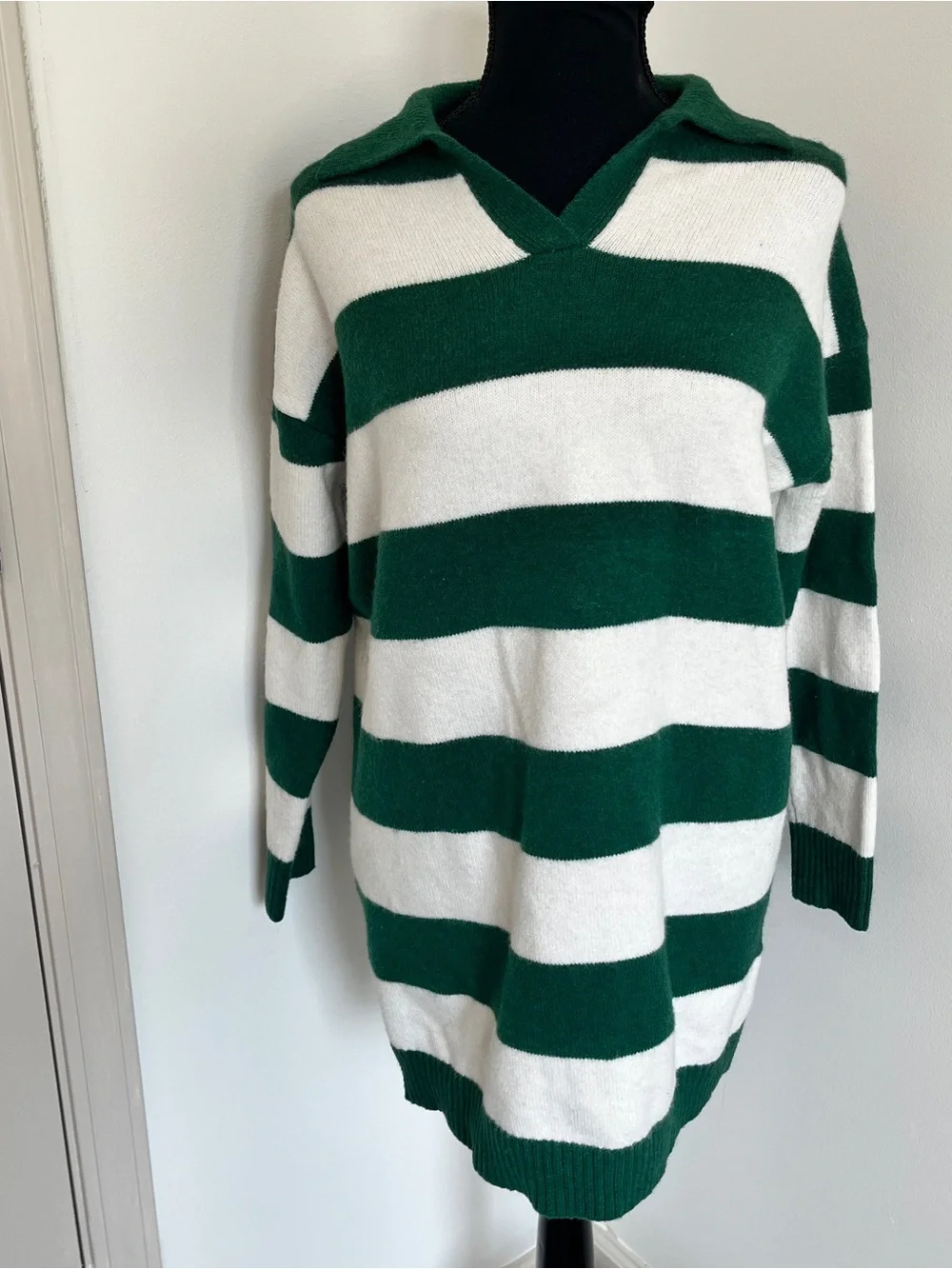 Princess Polly Green Cream Striped Polo Sweater Rugby Preppy S/M